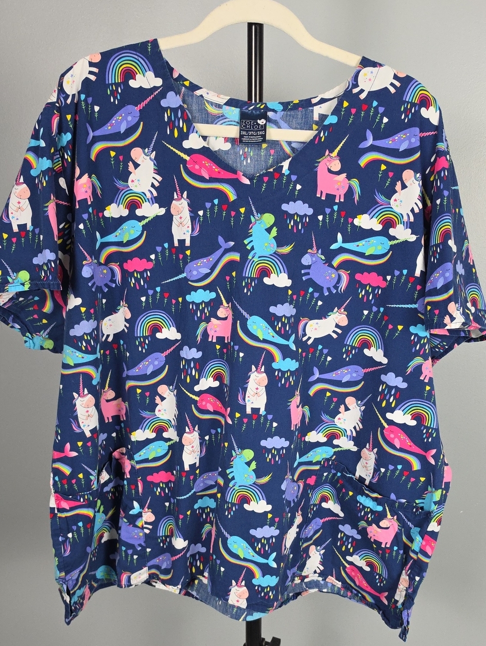 Zoe + Chloe Unicorn Narwhal Rainbow Scrub Top 3XL VGUC